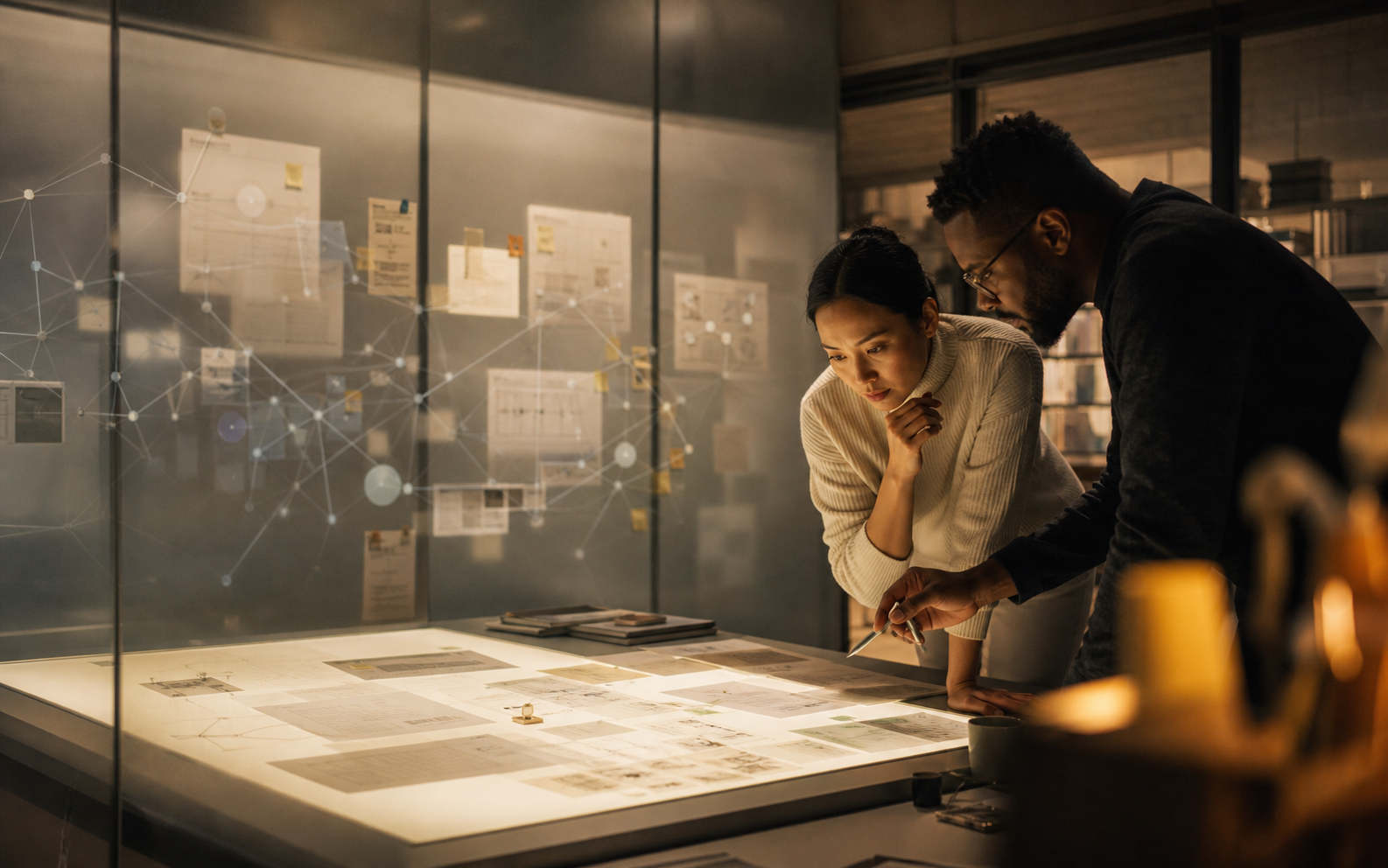 Two researchers mapping trusted evidence in a warm editorial studio