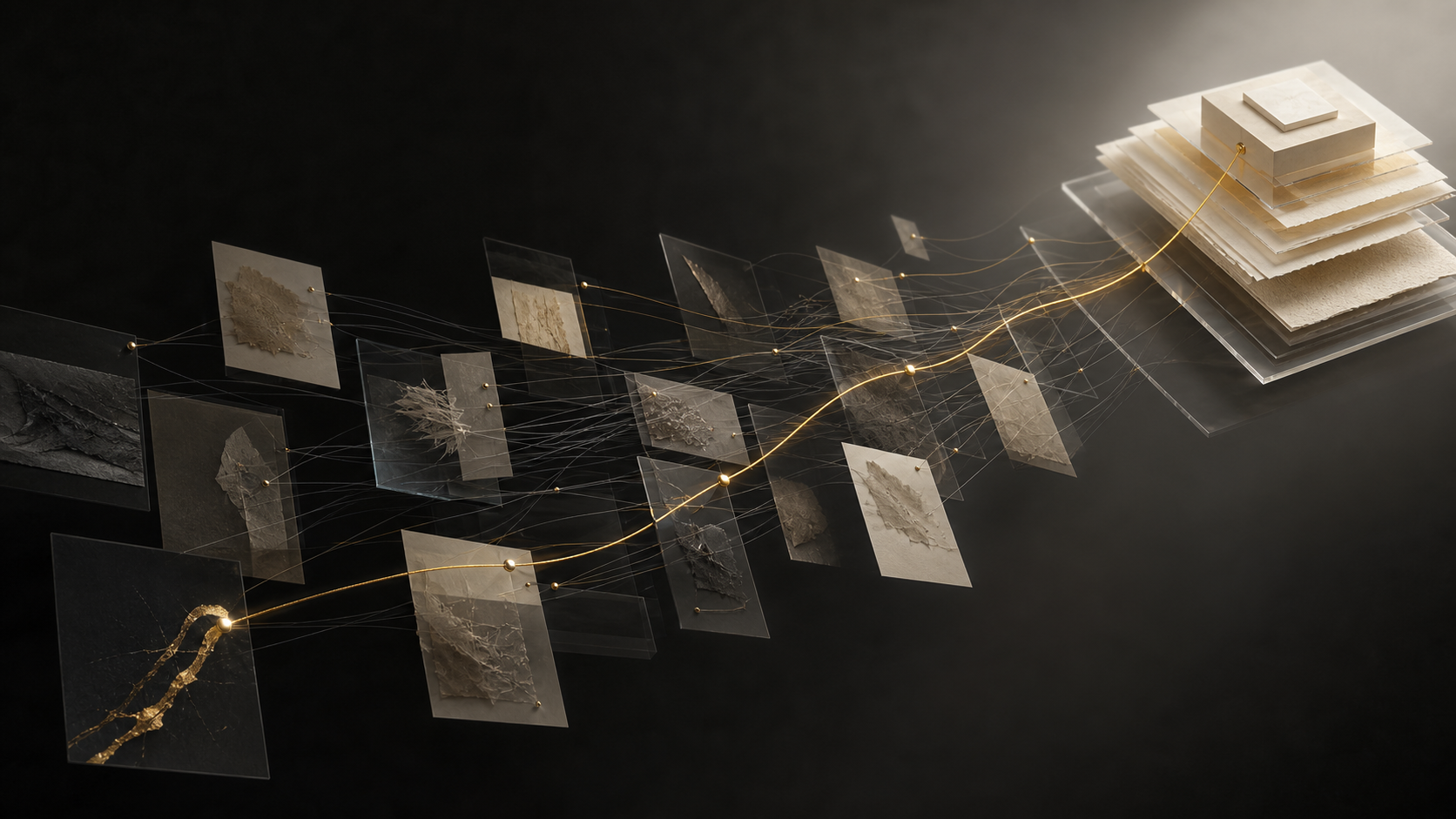 Abstract evidence cards linked by a gold verification path