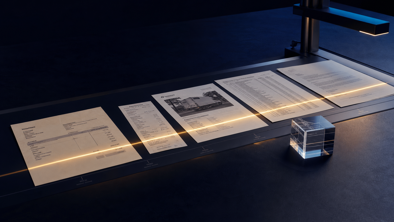 Documents arranged in chronological order under an amber scanning light